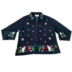 Keren Hart Vintage Embroidered Christmas Zip Up Black Cardigan, Size Large